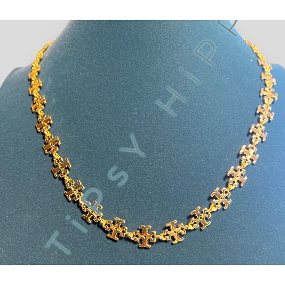 Tory Burch Gold Puzzle Piece Chain Necklace With Adjustable Clasp & Branded Pouc - Picture 1 of 4